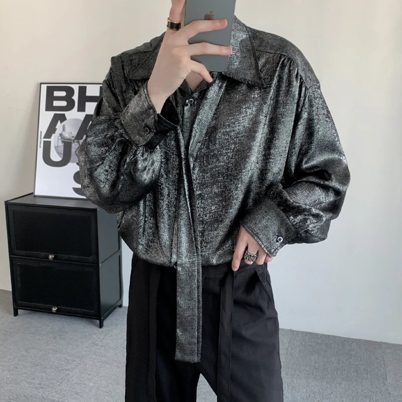 [OIMG] Autumn Niche High-end Celebrity Style Loose And Luxurious Sparkling Silver Shirt Men's Plus Size