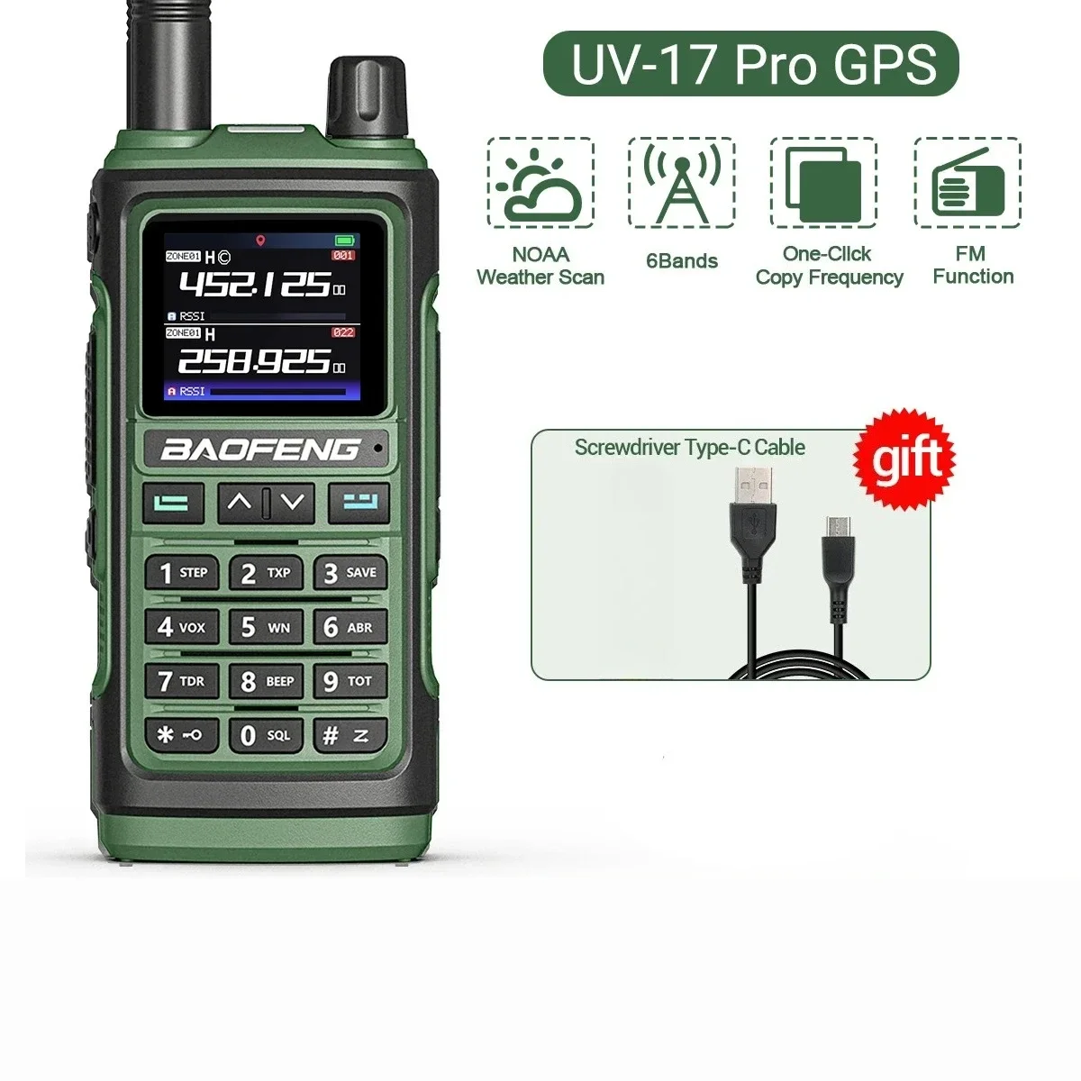 宝峰 108-136MHz エアバンド VHF UHF 200-260MHz 350-355MHz FMラジオ 6バンド周波数コピー 防水 UV-17Pro GPS搭載トランシーバー