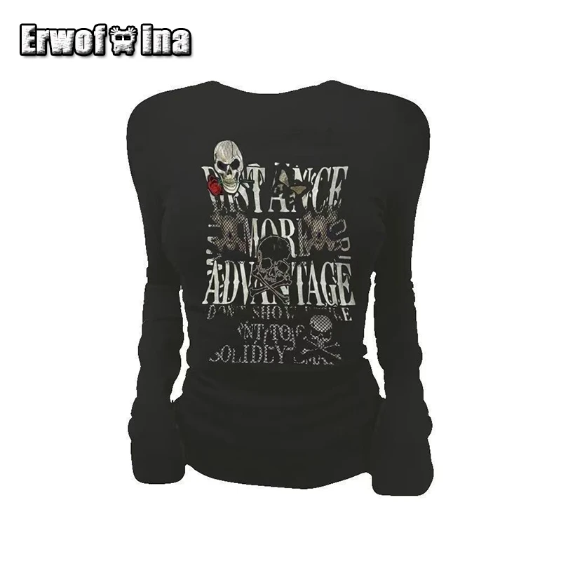 

Erwofeina American Retro Graphic T Shirts Skulls Print Women's Top 2000s Clothes Y2k Vintage Slim Tees O-neck Chic Long Sleeve