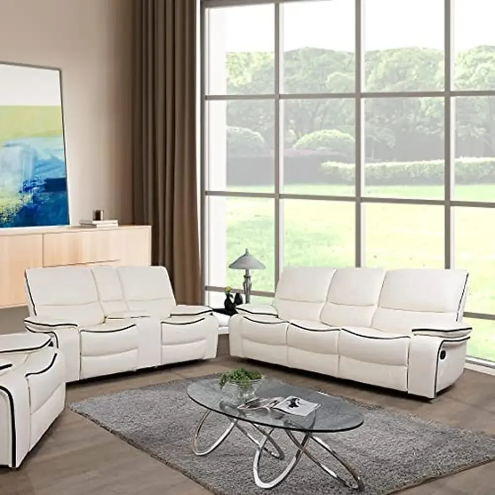 Recliner Loveseat Sofa Set Faux Leather Arm Rest Wood Frame White Easy Cleaning