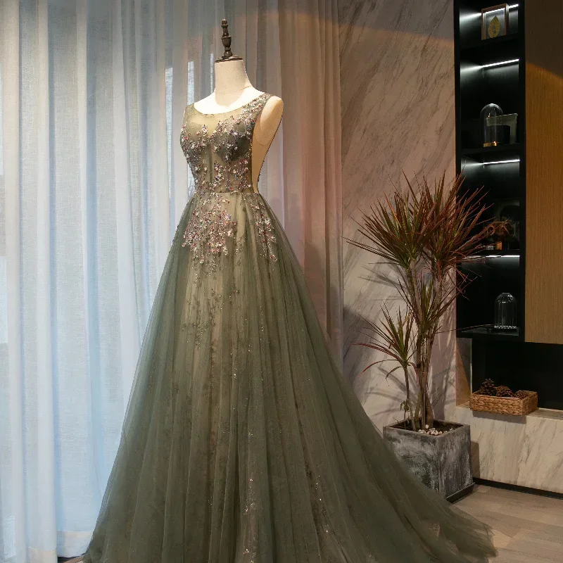 Evening Dresses Green Tulle Glitters O-neck Sleeveless A-line Floor-Length Trailing Lace Up Plus size Party Formal Gowns Woman