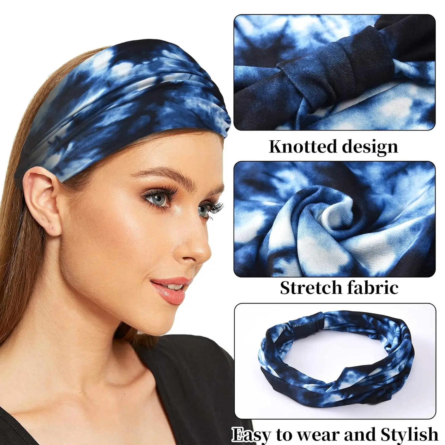 Wide Headbands For Women Non Slip Boho Headbands Elastic Tie dye Headbands Yoga Workout Sweat Bands Running Sport Hair Bands