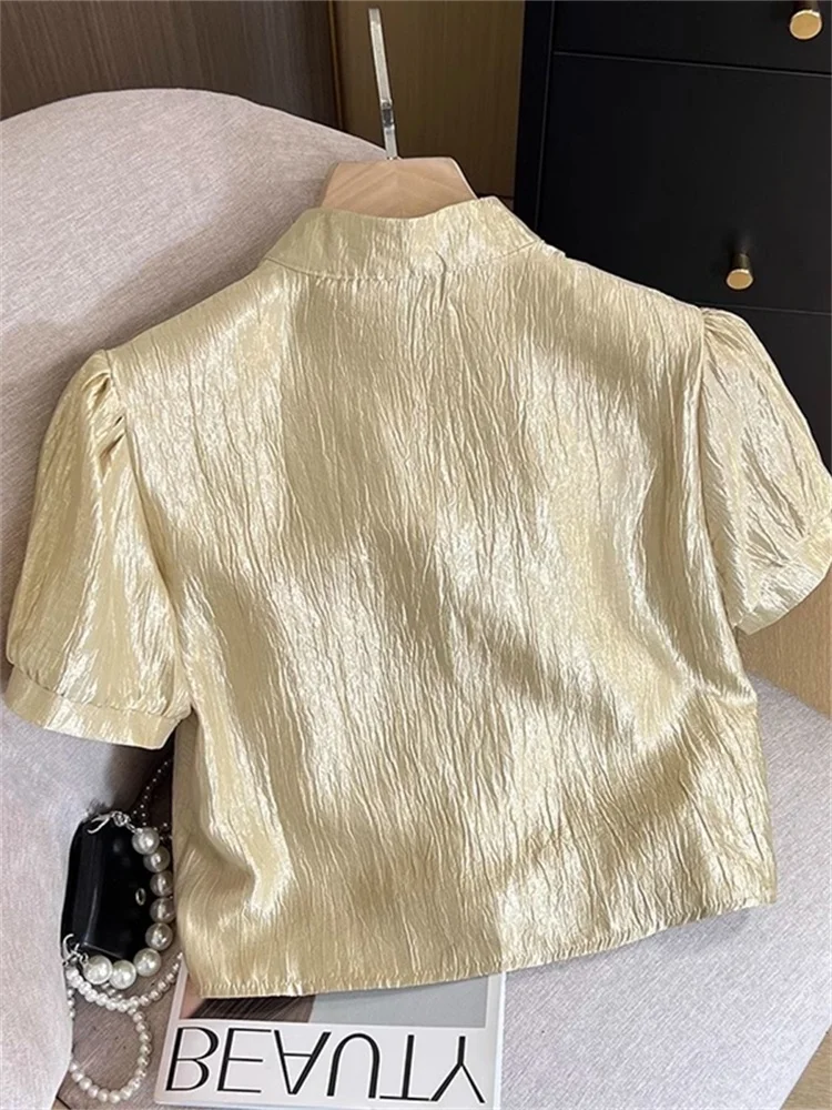 เสื้อสตรีสไตล์จีนใหม่ คอตั้ง ติดกระดุม แขนพอง ดีไซน์ฤดูร้อน