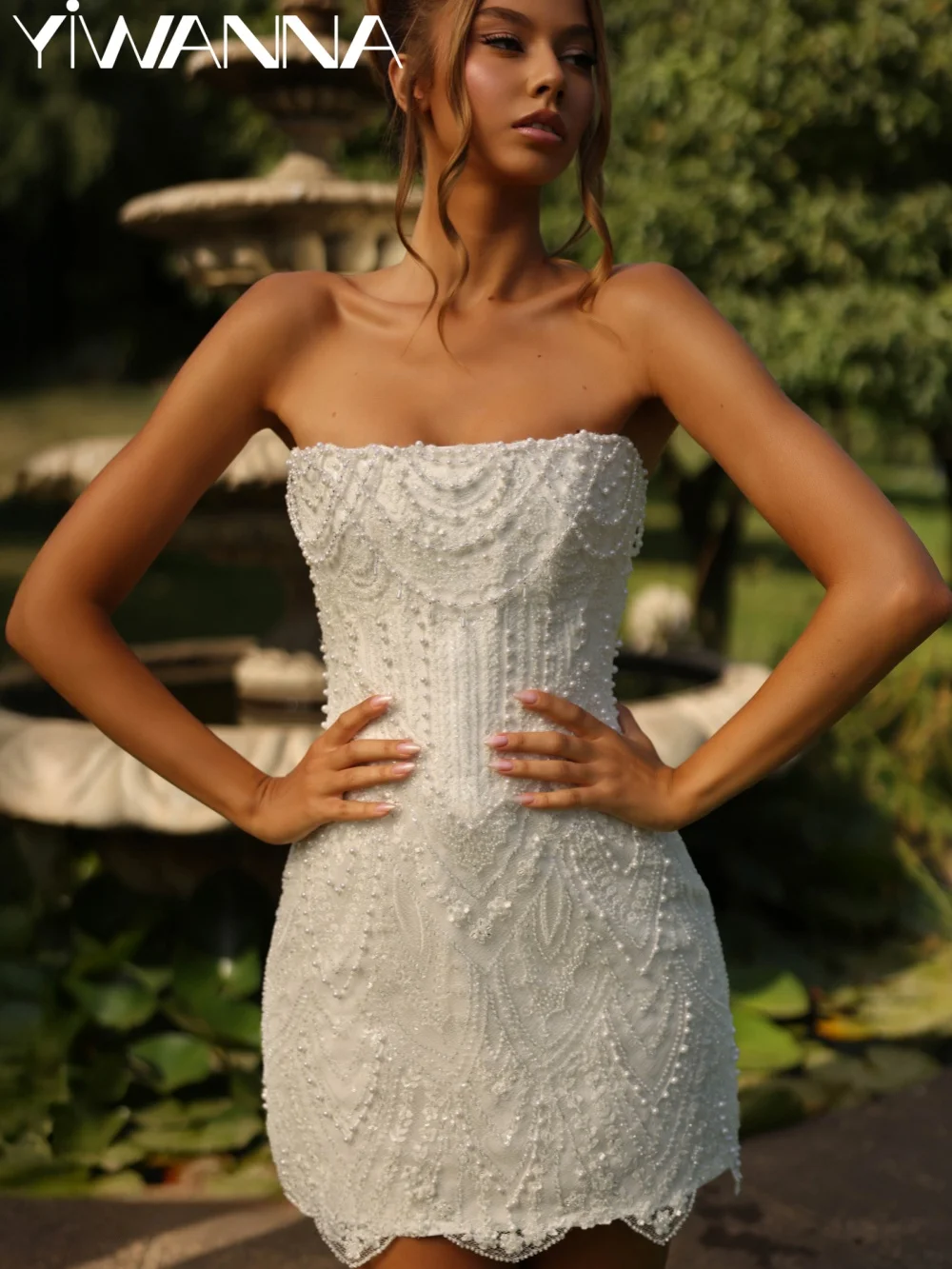 

Mini Opulent Pearls Beads Wedding Dress Chic Elegant Strapless Sheath Bridal Gown Customized Dreamy Sleeveless Dresses For Bride