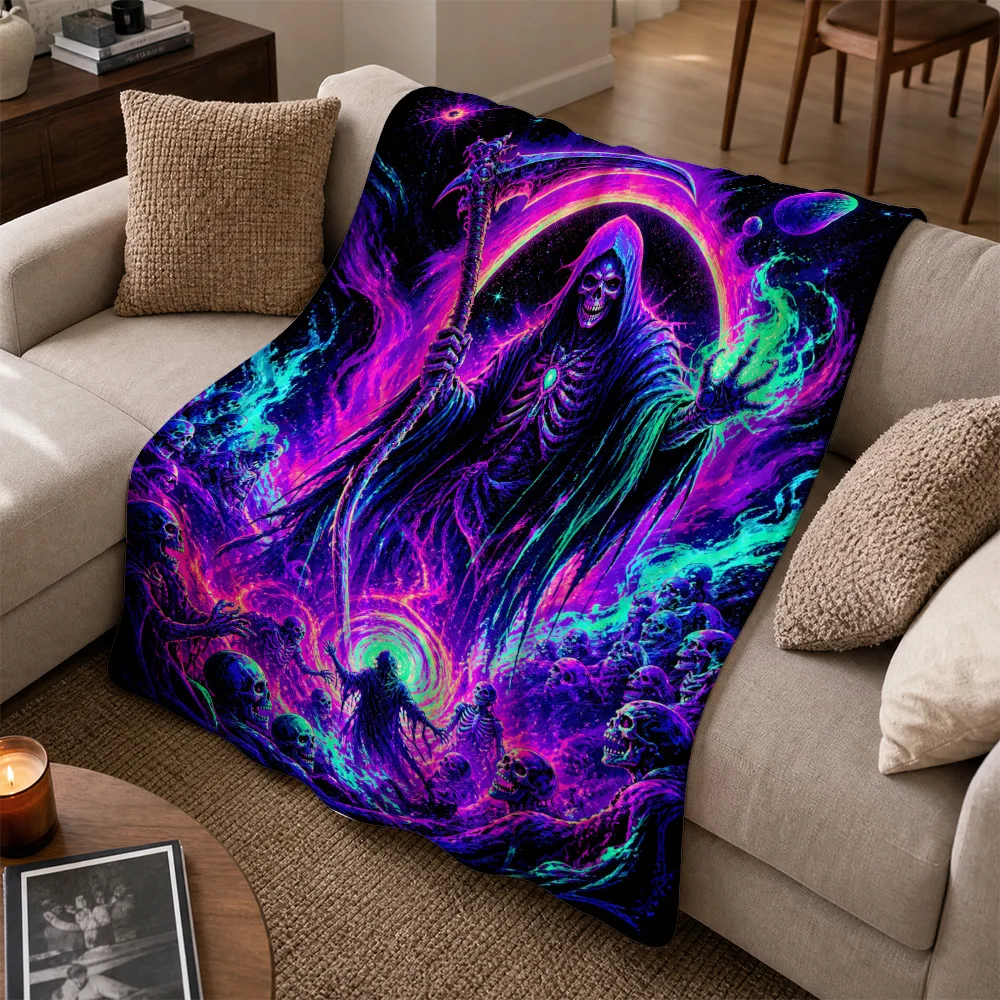 Large Gothic Horror Halloween Sofa Throw Blanket Cozy Fleece Witchy Decor Psychedelic Neon Skeleton Design Couch Throw Gift
