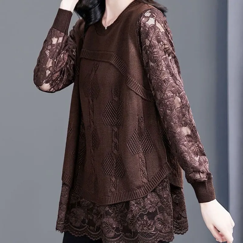 Stylish Vintage Lace Patchwork Knitted Blouse Spring Autumn Long Sleeve Female Clothing Round Neck Casual Loose Hollow Out Shirt