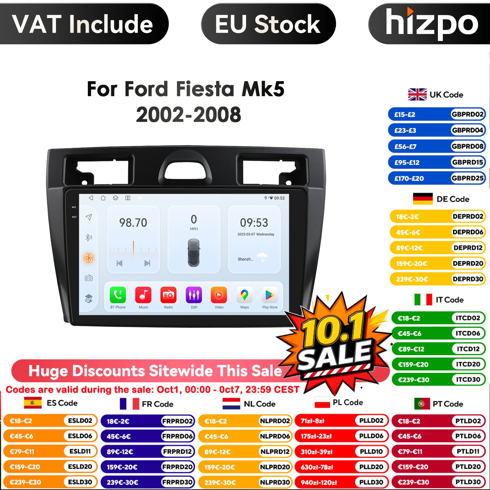 Hizpo Lettore multimediale per auto Android Auto Carplay wireless da 9 pollici per Ford Fiesta Mk5 2002 -2008 Carplay 4G Autoradio 360 ° Fotocamera