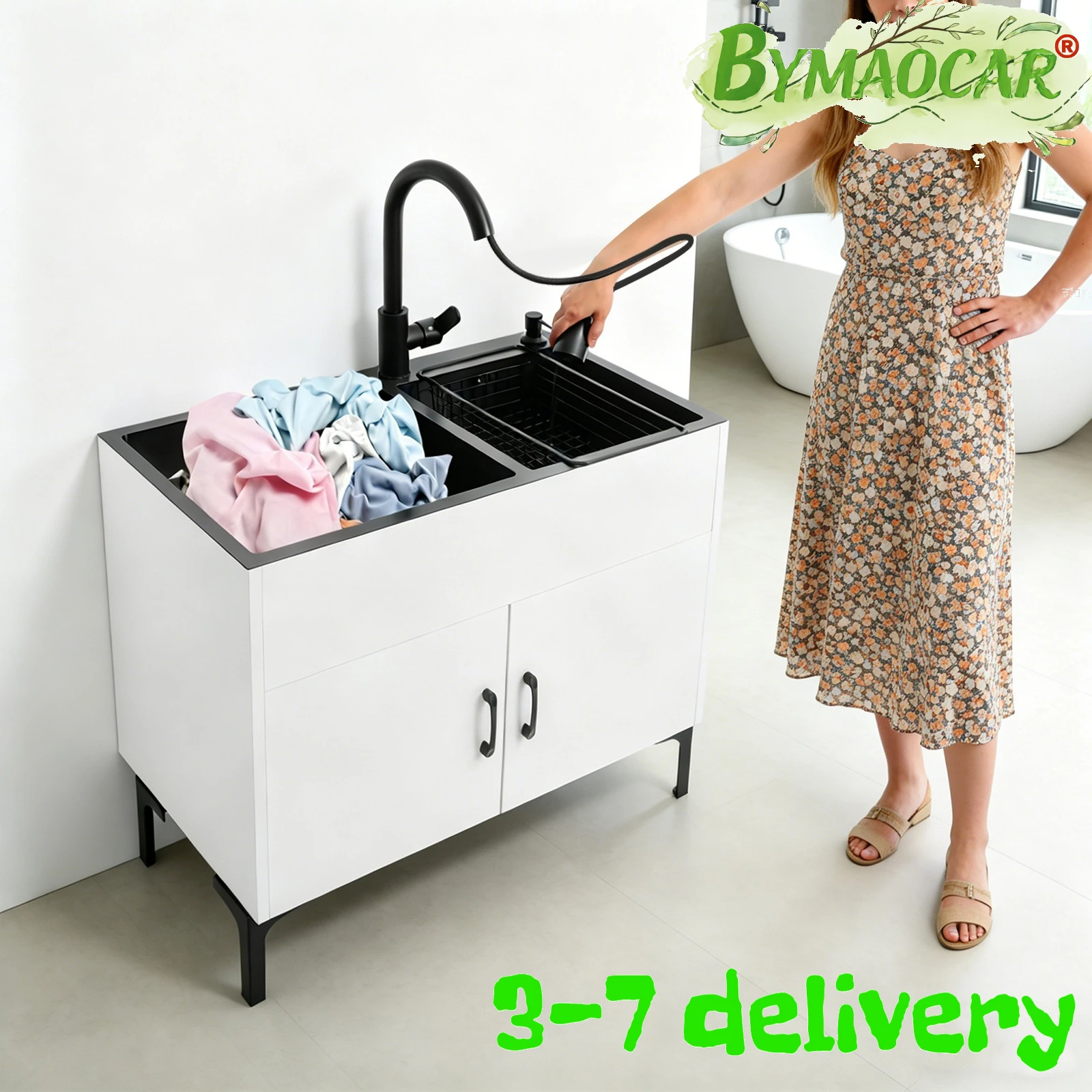 Laundry Sink, Utility Tub with Pull Down Faucet, 81x43cm Double Basin Cabinet, Stainless Steel Laundry Room Sink with Drain Rack
