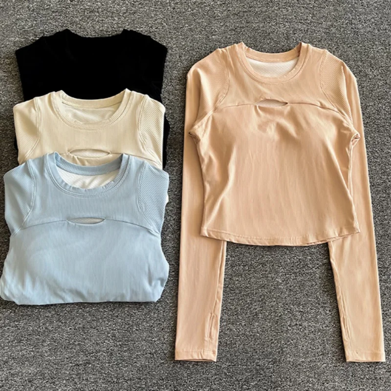 Ladies Tshirts Cropped Shirts  Hollow Out Slim Fitness Tops Women Yoga Long Sleeve T Shirt Bra Crop Top