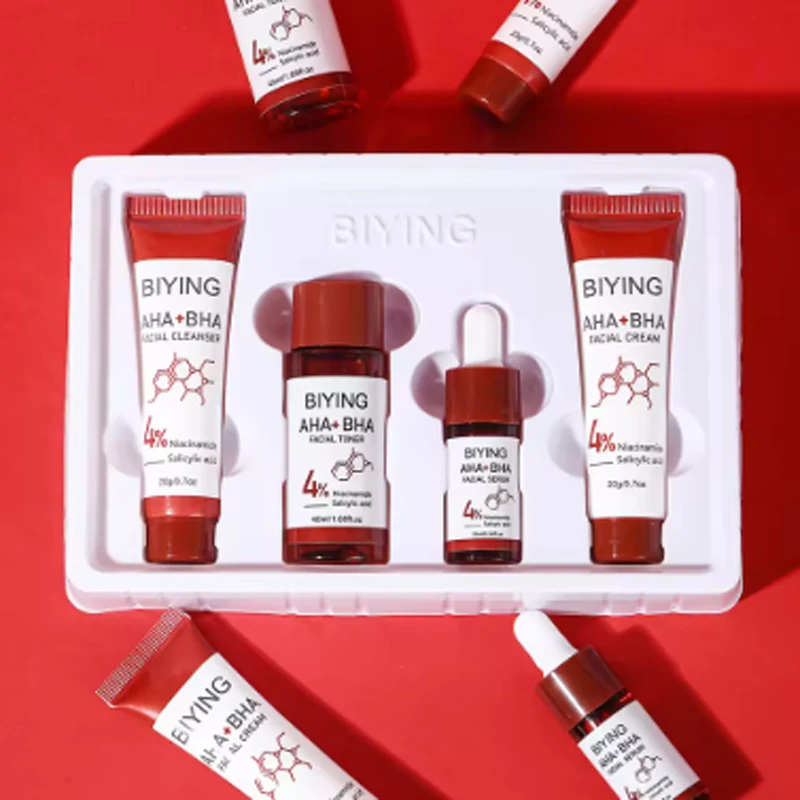 

Серия AHA + BHA, набор для ухода за кожей, 4 шт., тоник для лица, сыворотка, крем, пенка, очищающее средство, все необходимое для красоты, корейская красота
