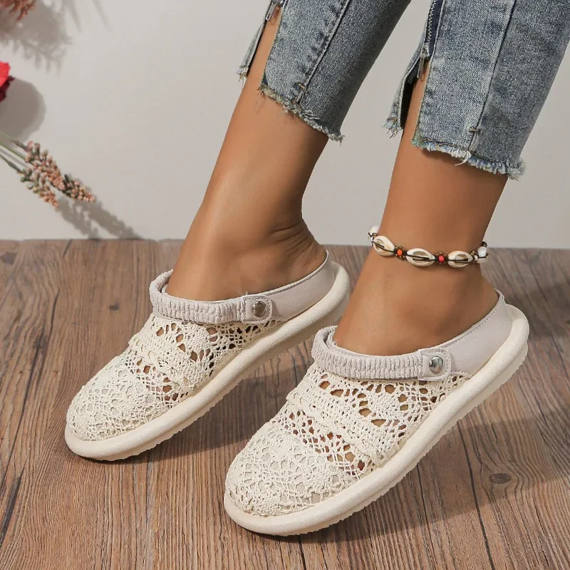 2024 Summer New Two Wear Baotou Sandals with Lace Breathable Soft Sole, Casual and Versatile Hollow Flat Shoes for Women