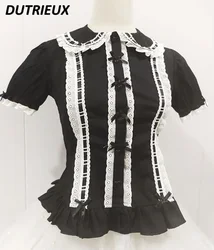 Sweet and Cute Girls Short-sleeved Versatile White Shirt Summer New Single-breasted Blouse Doll Collar Waist Slimming Tops