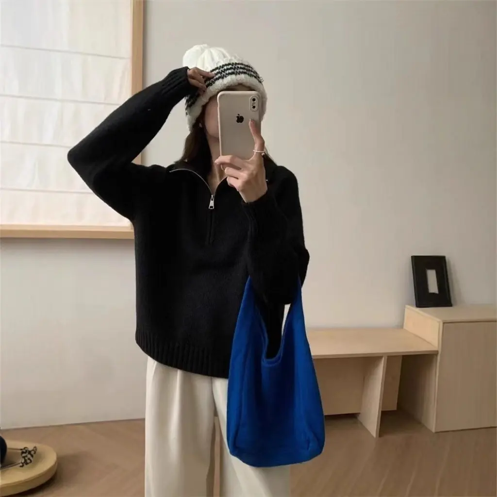 

Women's Casual Knitted Sweater Loose Fit Lazy Style Solid Color Turtleneck Half Zipper All-match Knitted Sweater