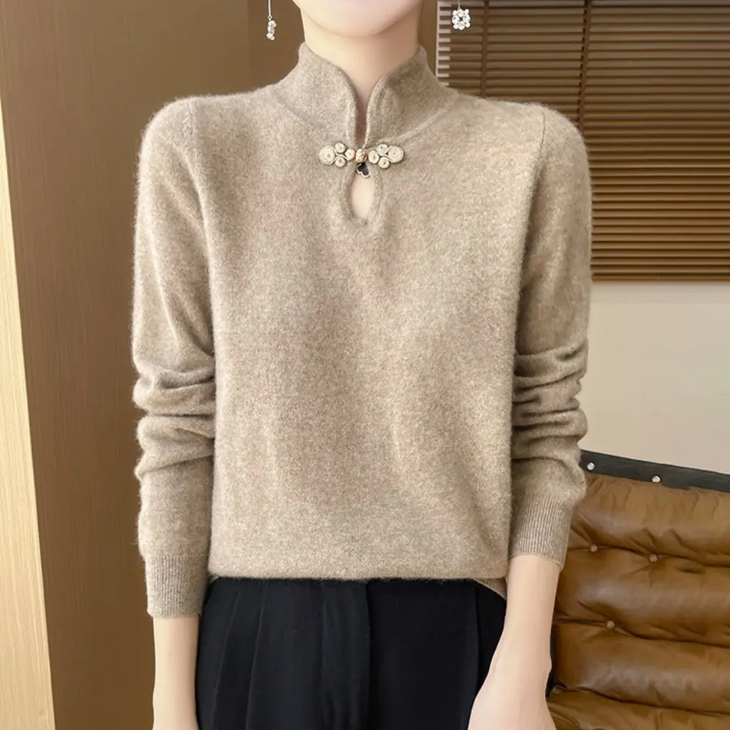 

Women's Chinese Style Knitwear Cheongsam Collar Top Buttoned Stand Collar Pullover Bottoming Shirt for Autumn Winter