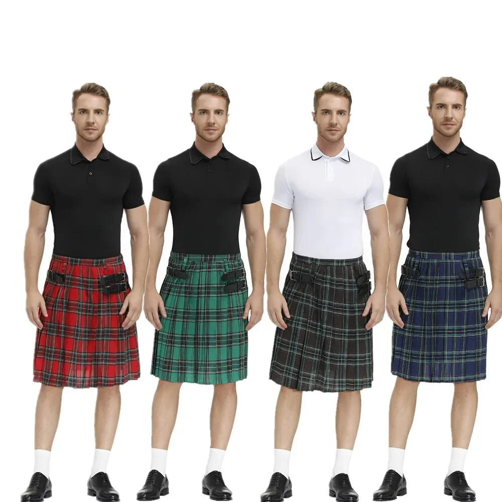 No T-shirt Men Scotland Kilt Traditional Plaid Belt Pleated Bilateral Chain Gothic Punk Hip-hop Avant Scottish Tartan Pant Skirt