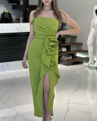 ที่กําหนดเองสไตล์โมเดิร์นเจอร์ซีย์ดอกไม้จีบ Sheath Strapless Midi ชุดเดรสค็อกเทลจับคู่ขนาดที่ซับซ้อน Available Fa