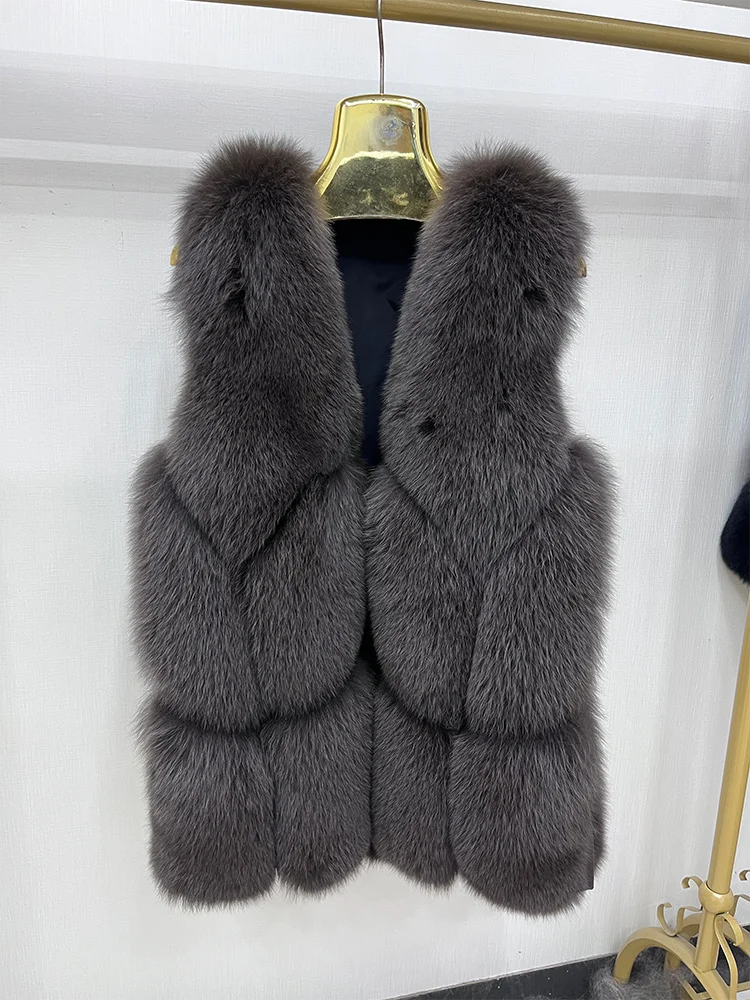 

Winter Natural Fox Fur Gilets Vest Women's Fashion Real Fur Mid Length Waistcoat Thick Warm Fluffy Fur Sleeveless Female Coats
