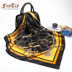 Square Hijab Scarves for Women Fashion Belt Print Faux Silk Scarf 90*90cm Shawl Head Bandana Ladies