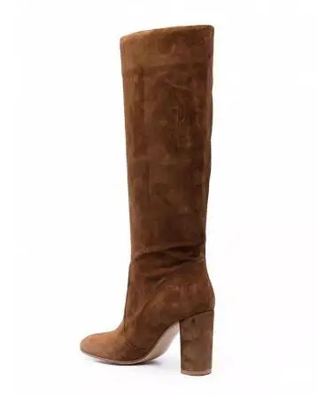 Autumn Brown Black Suede Round Toe Block Heel Patchwork Knee High Boots Women Fashion Concise Tube Slip On Long Boots Shoes Lady 4