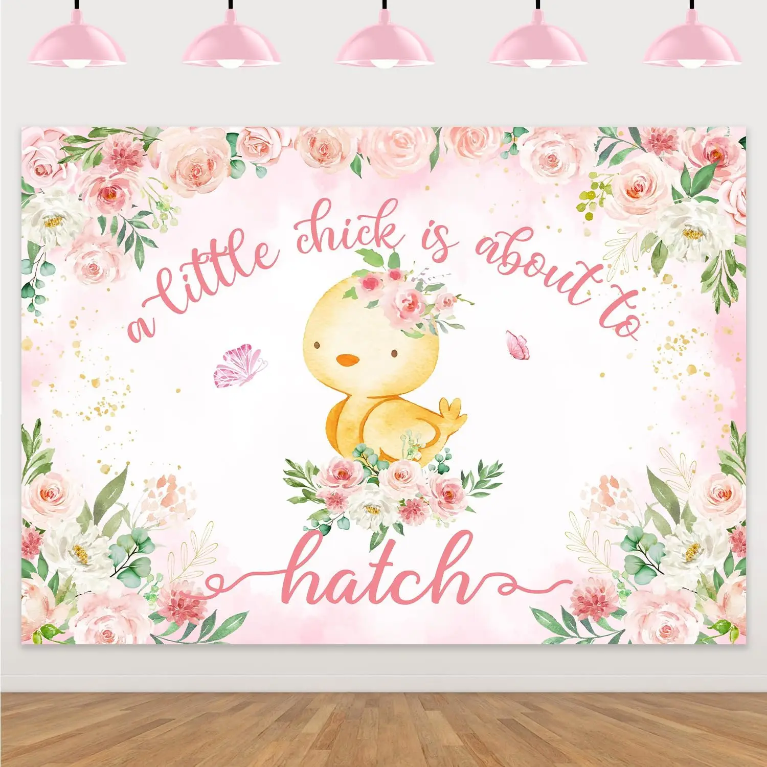 

Joymemo 7x5ft A Little Chick Is about To Hatch Backdrop Pink Floral Farm Chicken Themed Baby Shower Prop Butterfly Party Supply