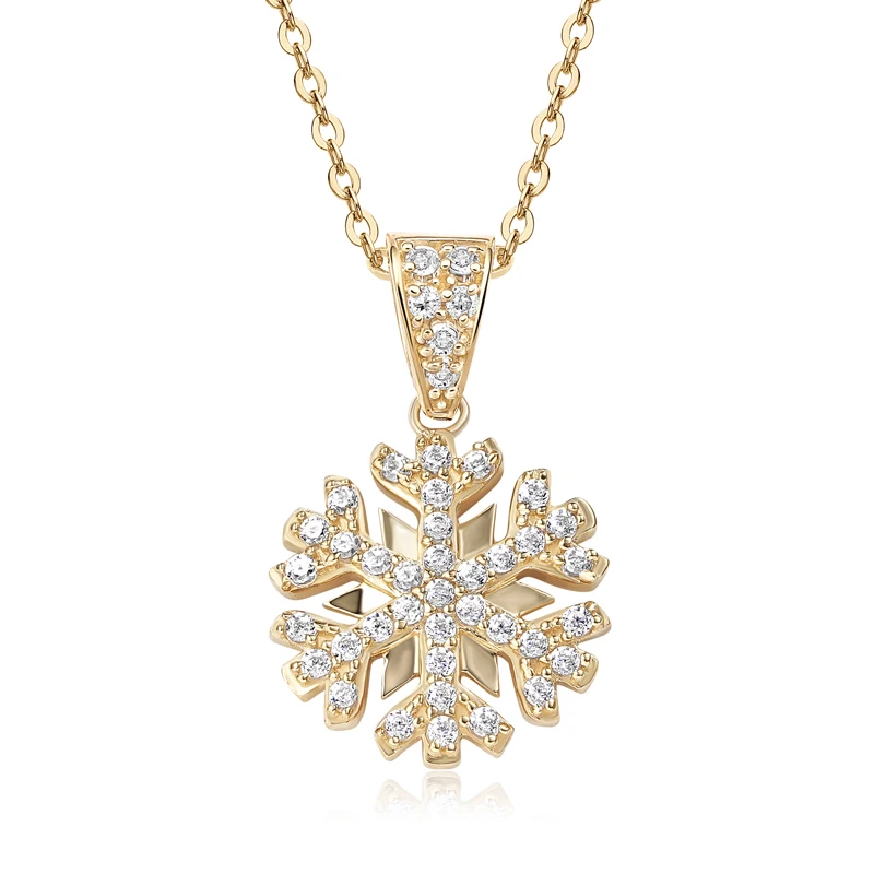 Raprgold 14K Solid Gold Snowflake Pendant for Women with 925 Silver Link Chain 20'' CZ Necklace Christmas Gifts For Women