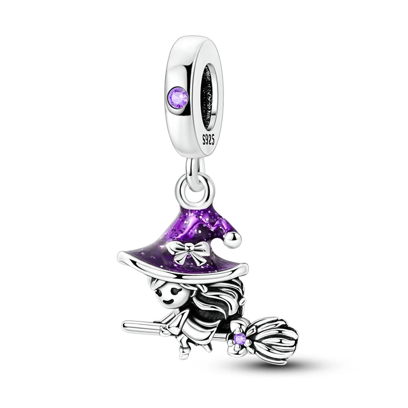 Original Charms 925 Silver Purple Zircon Lovely Little Witch Beads Pendant Fit Bracelet Necklace Fine Jewelry Party Gift Making