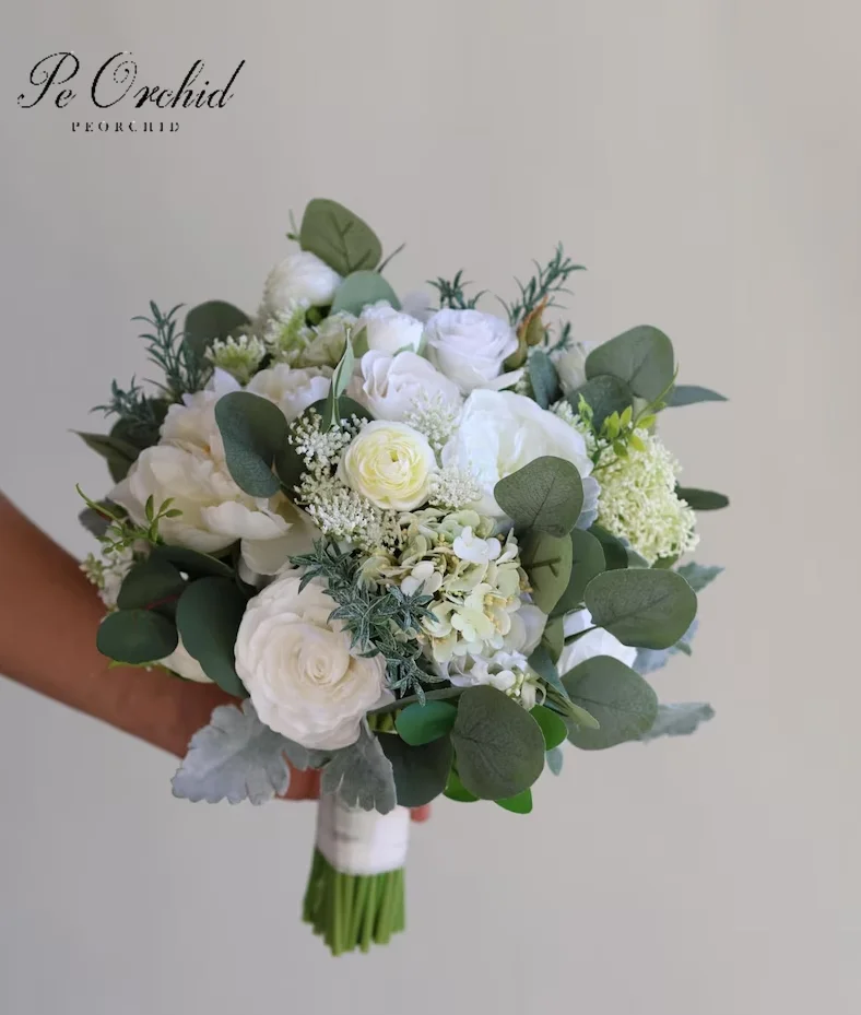 PEORCHID White Sage Green Bridal Flowers Wedding Bride Bouquet Real Touch Rose Peony Eucalyptus Boho Bridesmaid Bouquet
