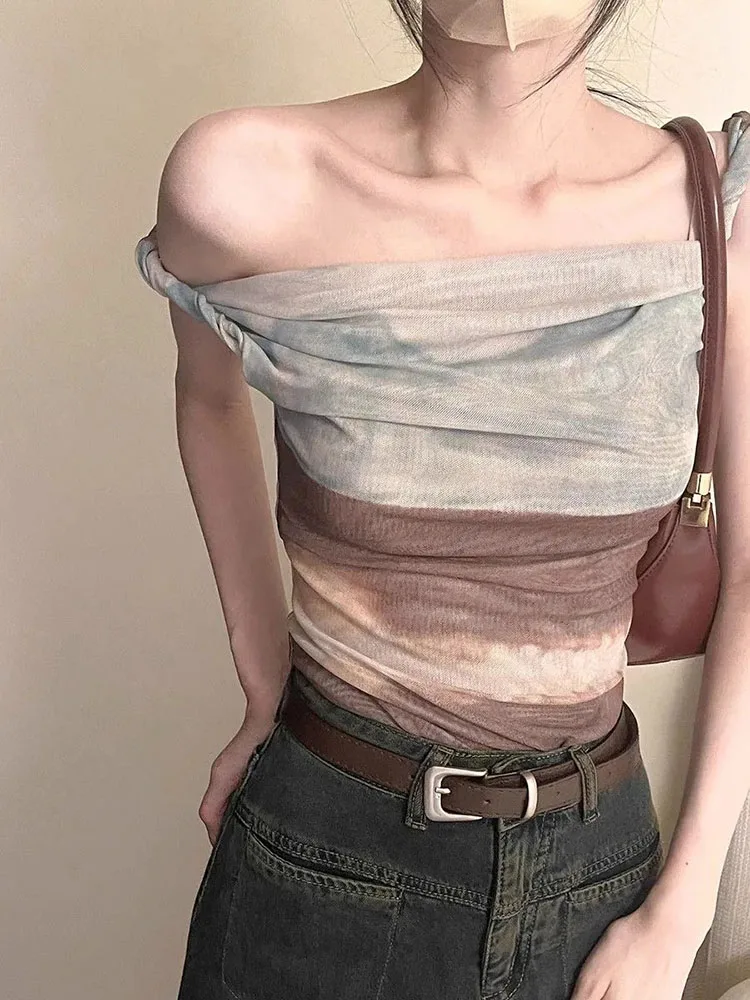 Fashion Tie Dye Mesh Women Vest Y2K Korean Chic Irregular Slim Female Crop Tops Ladies Elegant Bohemian Off Shoulder Tank