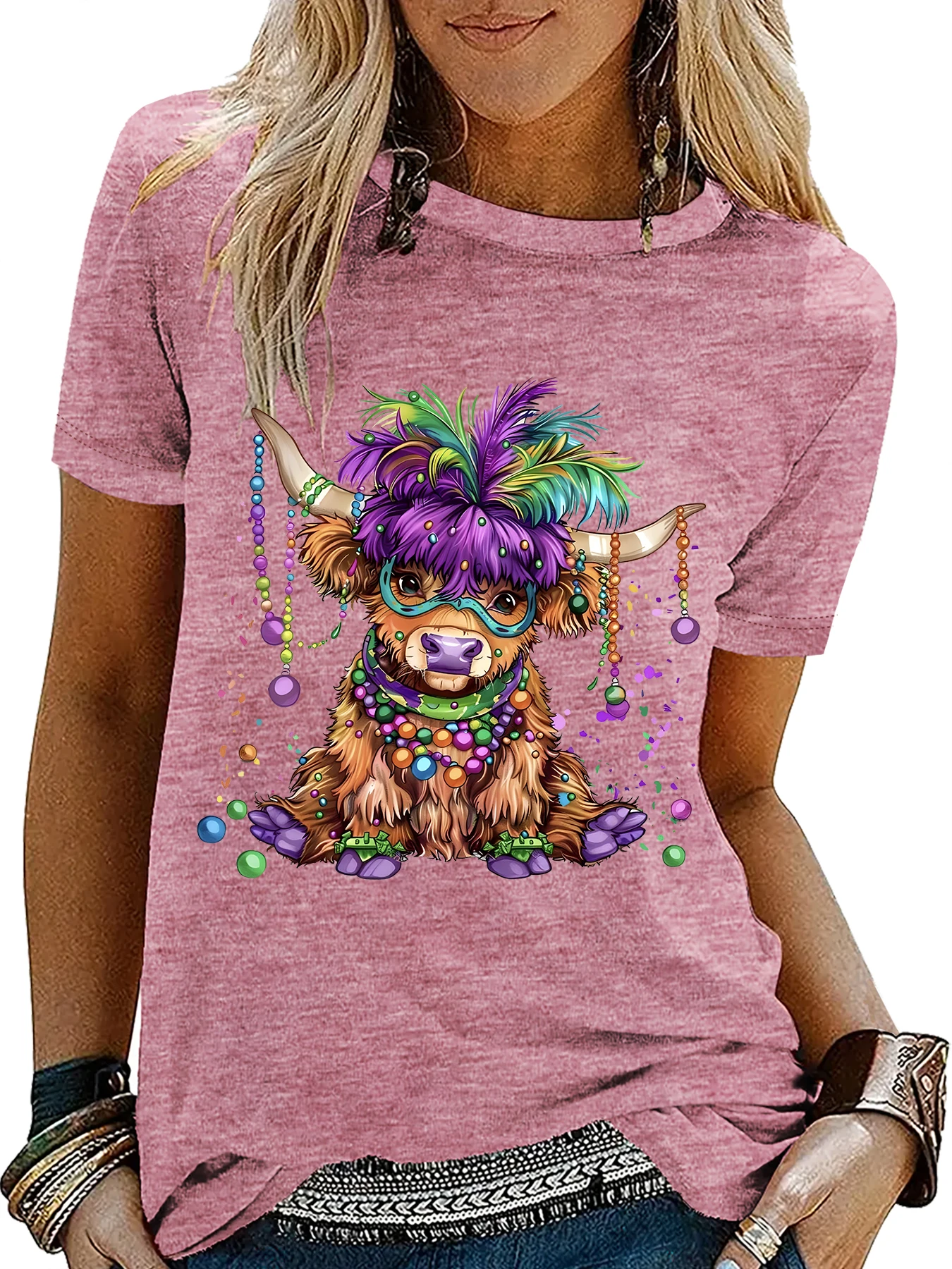 T-shirt da donna Mardi Gras manica corta cartone animato mucca scozzese delle Highland estate casual festival regalo per feste multi colori disponibili