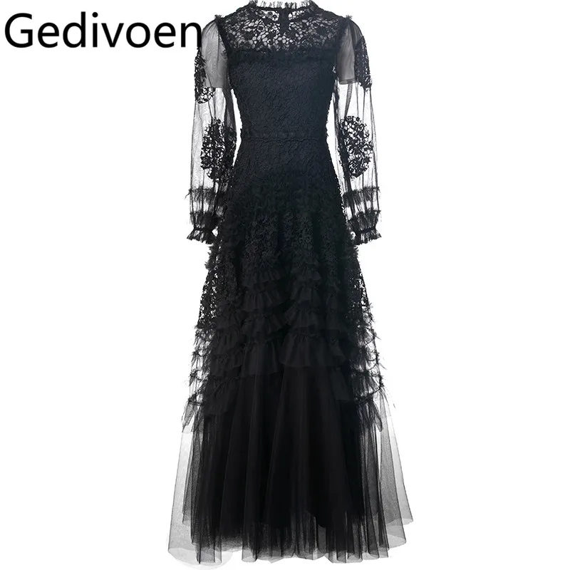 Gedivoen Solid Long Sleeve Slim Maxi Fungus Dress Party Prom Clothes Women Lace Hollow Out Long S-4XL Dresses