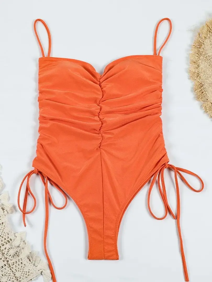 One Piece Swimsuit for Women, Square Collar, Pleat, Monochromatic Strap Swimwear, Bathing Suit, New Sexy Beachwear Hot Sale 2024