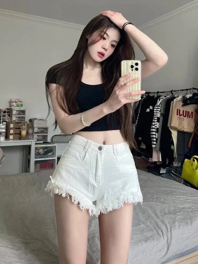 High Waist White Denim Shorts Women Summer New Loose Slimming Casual A-Line Frayed Hot Pants High Waist Comfortable Fit Ladies