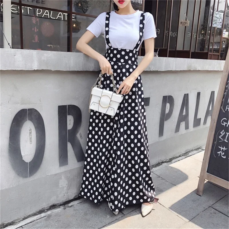 Summer Fashion Open Back Polka Dot Printed Shoulder Strap Chiffon Suspenders One-piece Wide-leg Pants Ladies Jumpsuit Vestidos