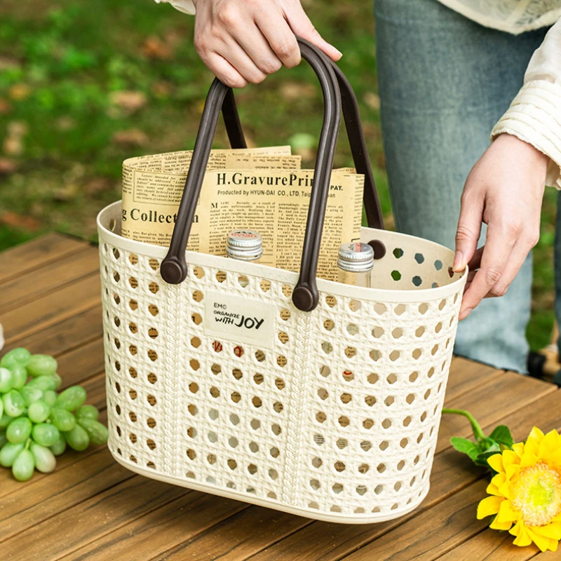 

Drainable Bath Basket Tote Bag Versatile Portable Toiletry Storage Bucket With Drain For Easy Cleaning And Drying Woven Handbag