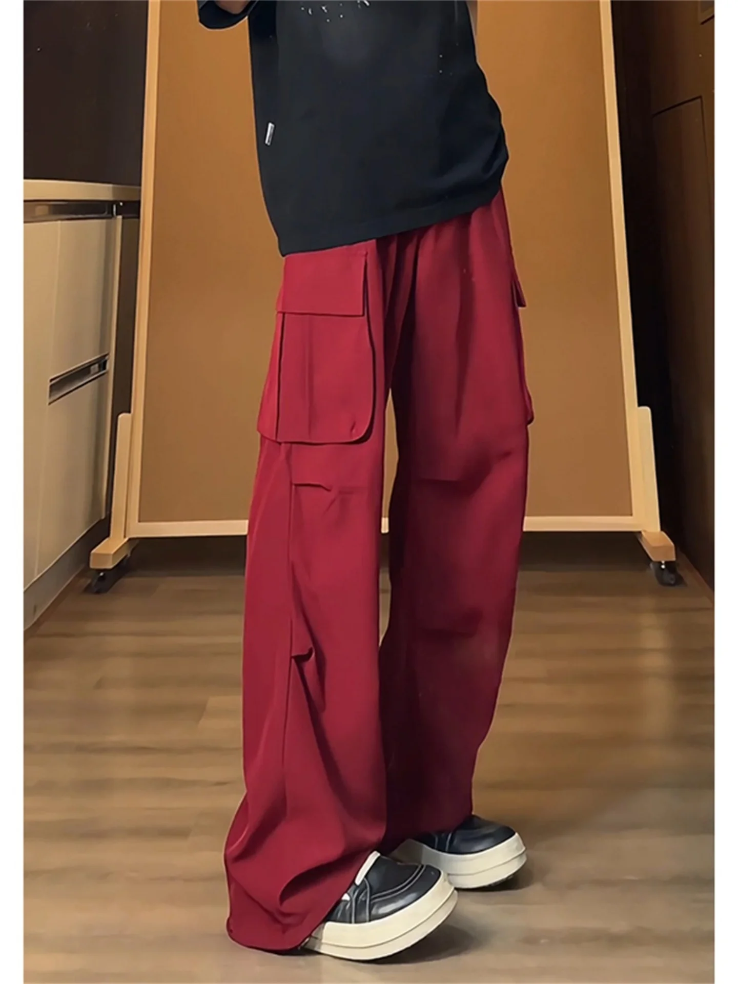 

Мужские брюки свободного кроя в рабочем стиле, модные брендовые брюки-карго на весну-осень, новые, цвета красное вино