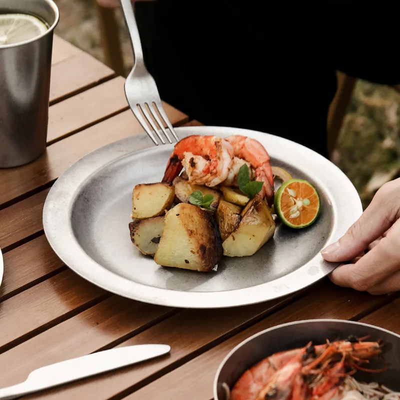 

304 Stainless Steel Korean Retro Dessert Western Food Steak Plate Deep and Shallow Tableware