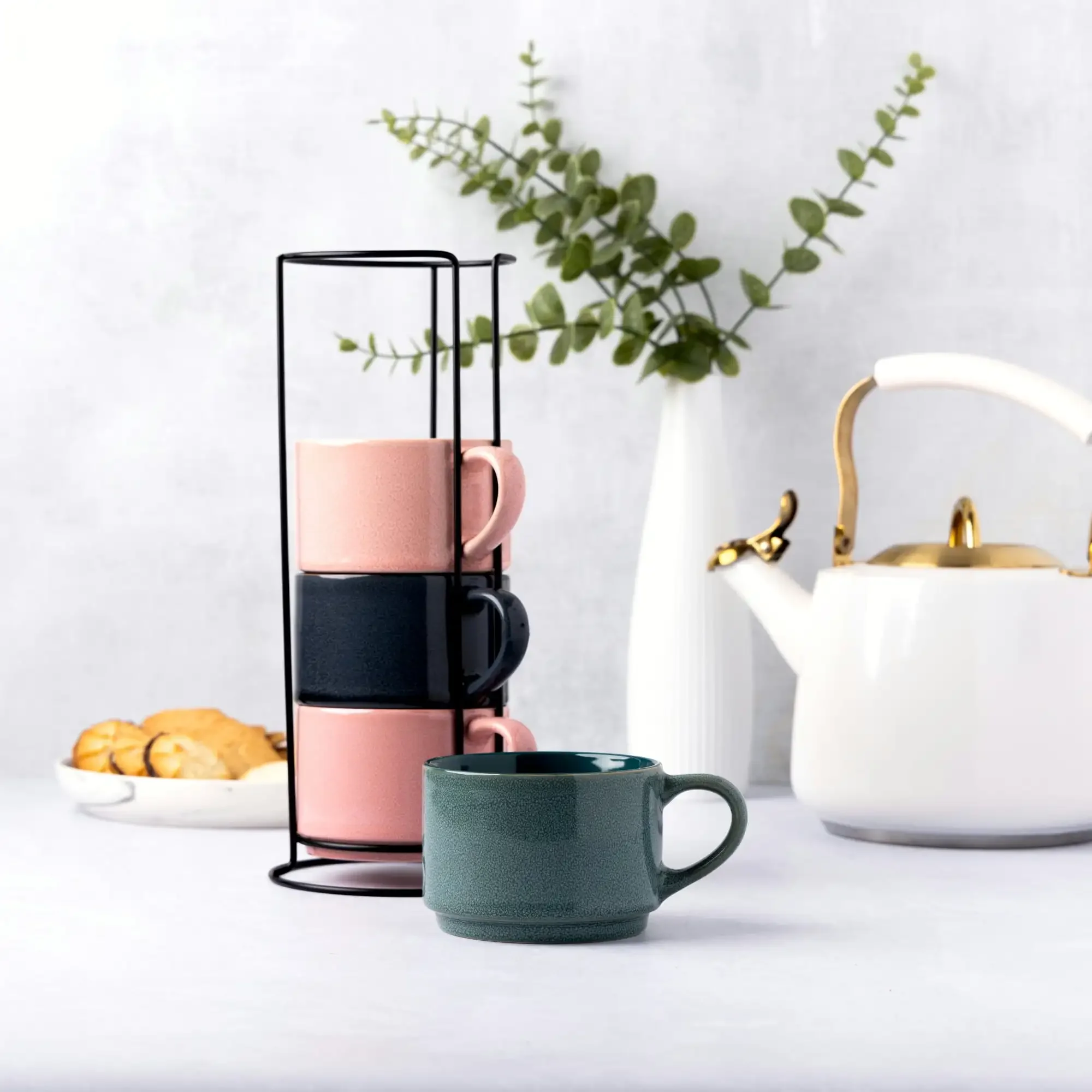 4 عبوات من أكواب التراص، مزيج من الألوان التفاعلي 11.1 أونصة سائلة، الخزف الحجري