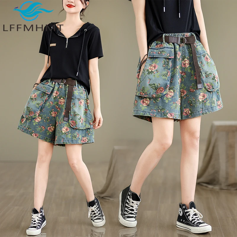 

9730 Flower Printing Big Pocket Loose Casual Denim Shorts for Women Summer Fashion Soft Comfortable Elastic Waist Hot Pants
