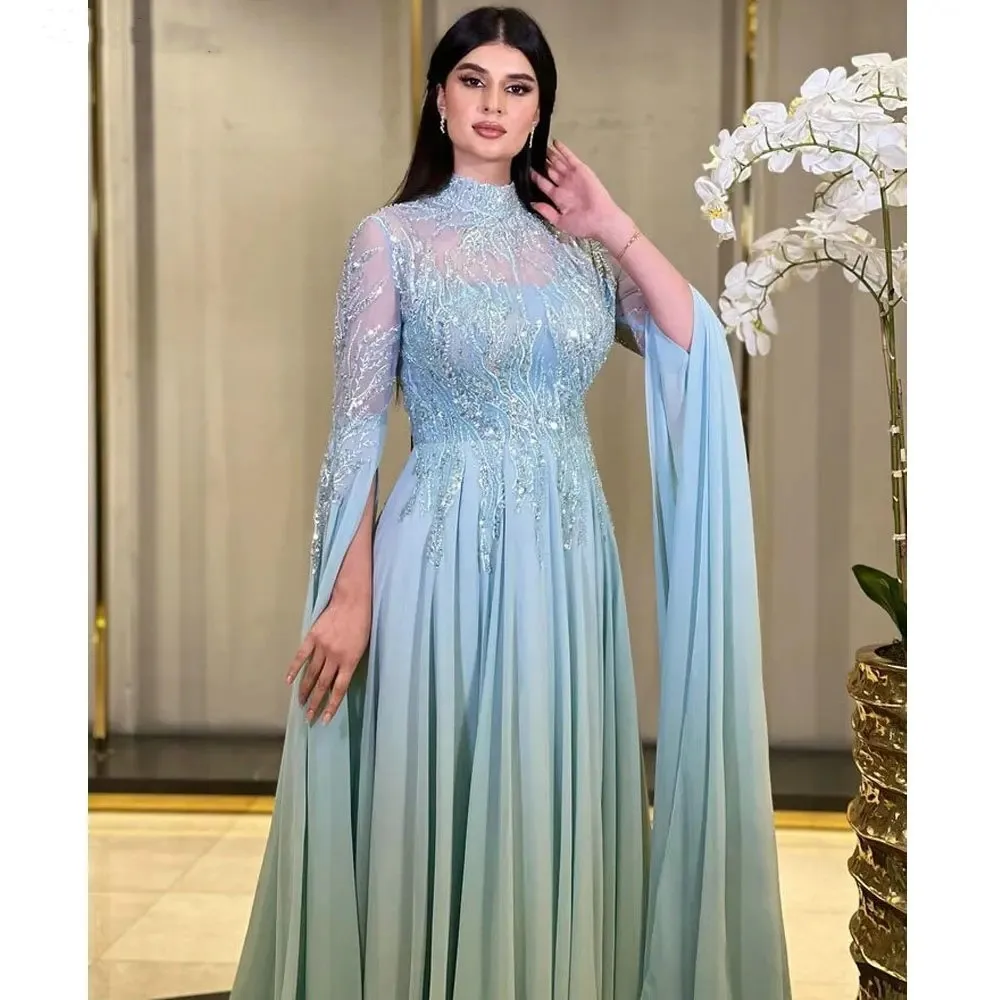 Romantic Green Chiffon Dubai High Neck Sequined Evening Dress A-Line Long Sleeves Applique Saudi Arabic Formal Party Gown