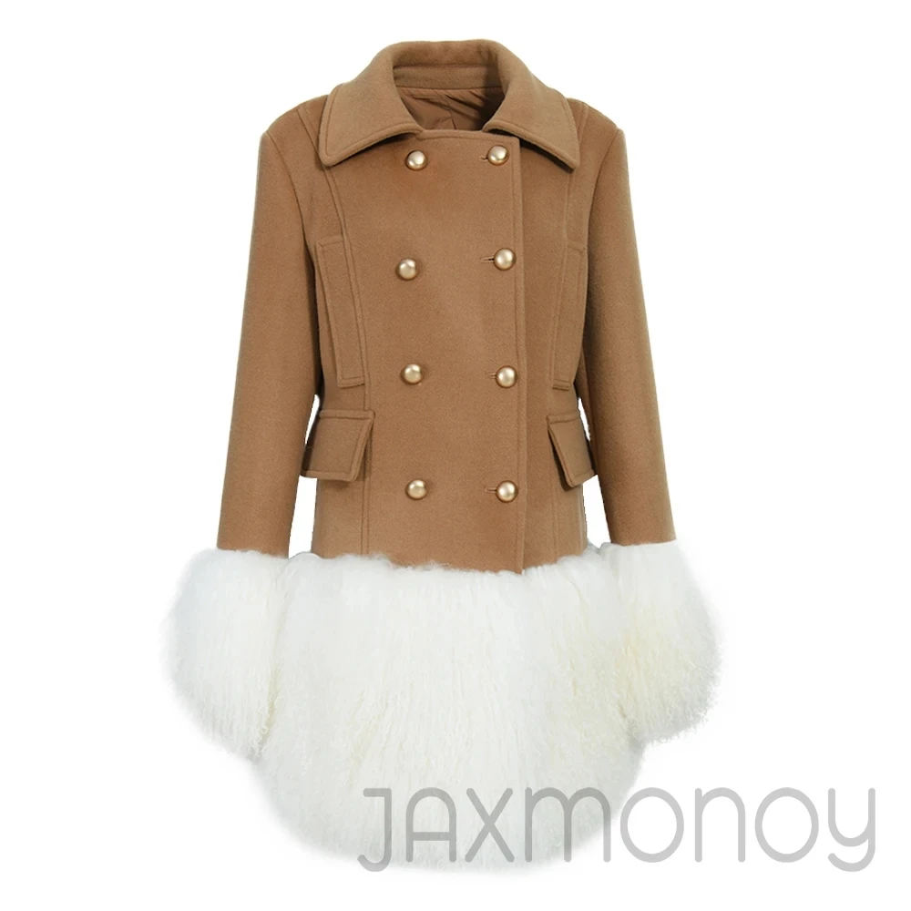 Jaxmonoy Women's Wool Coat with Real Mongolian Sheep Fur Hem Ladies Winter Wool Blend Coats Fashion New In Outerwear 2024 Fall
