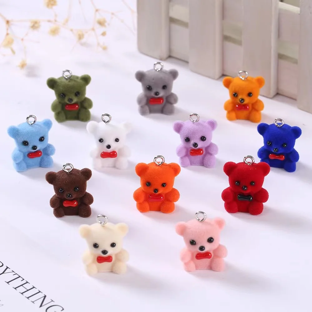 30pcs Flocking resin Animals Doll Charms lovely Sitting Bear pendant For making diy necklace Keyring Mobile phone chain fittings