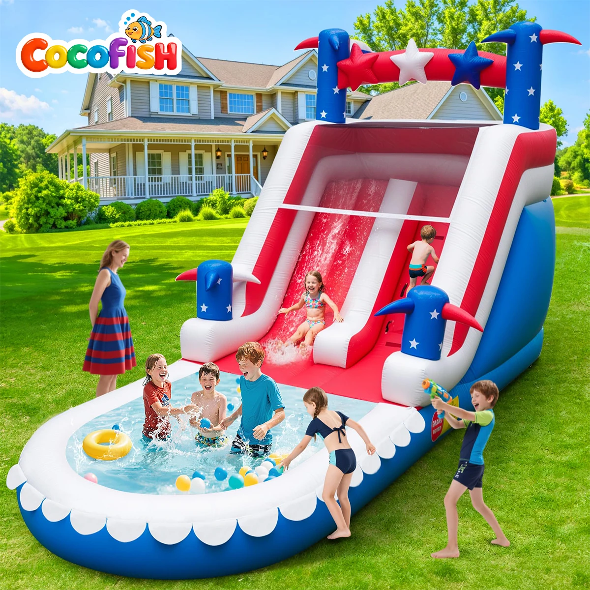 

Надувная водная горка с флагом США для детей и взрослых – 21-футовый надувной аквапарк с большим бассейном, горкой, зоной для скалолазания и водной горкой с эффектом брызг