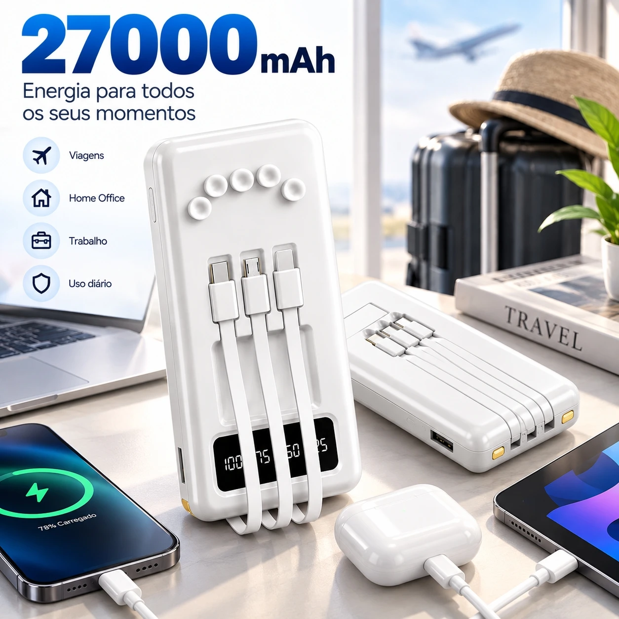 Carregador Portátil 27000mAh Com Base Magnética E Indicador Digital Presente Tecnológico Para Viagens E Trabalho Remoto