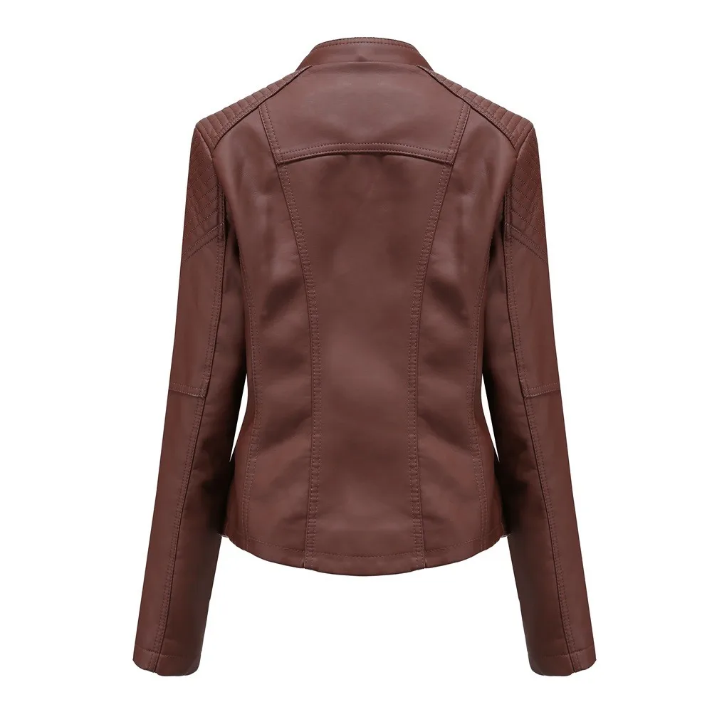 Damen Slim Fit Orth Leder Jaet PU Reißverschluss Long Sve Faionable Biker Mantel für Damen Sommerkollektion