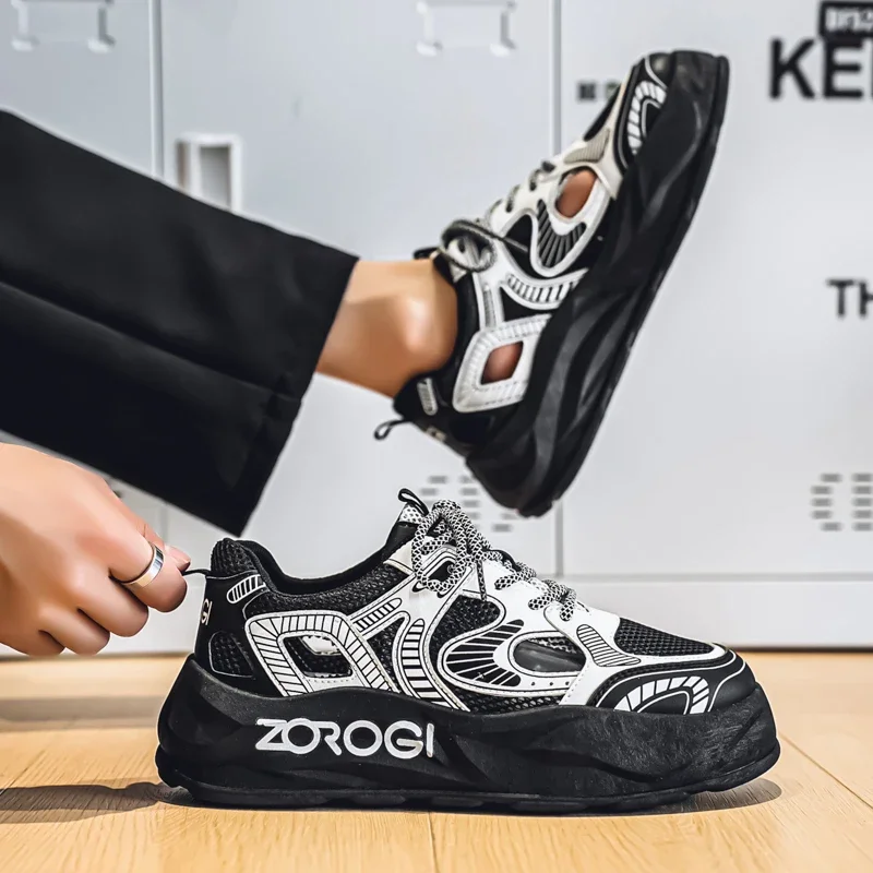 

Летние мужские повседневные спортивные кроссовки на удобном плоском каблуке на толстой подошве и шнуровке из сращенного материала с сетчатой поверхностью