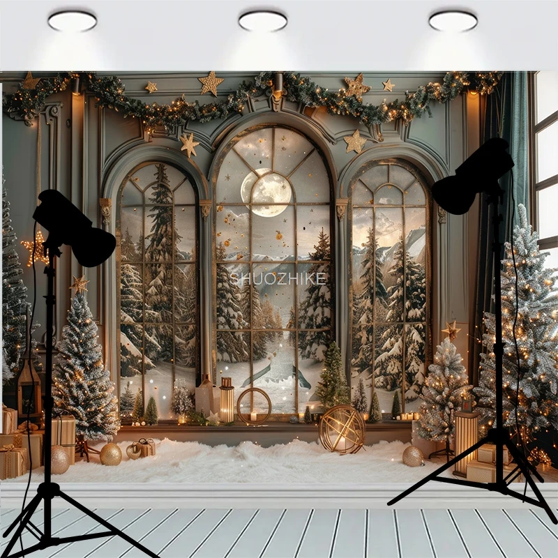 

Winter Snow Christmas Day Background Fireplace Living Room Window Decoration Family Party New Year Photography Backdrops AG-06