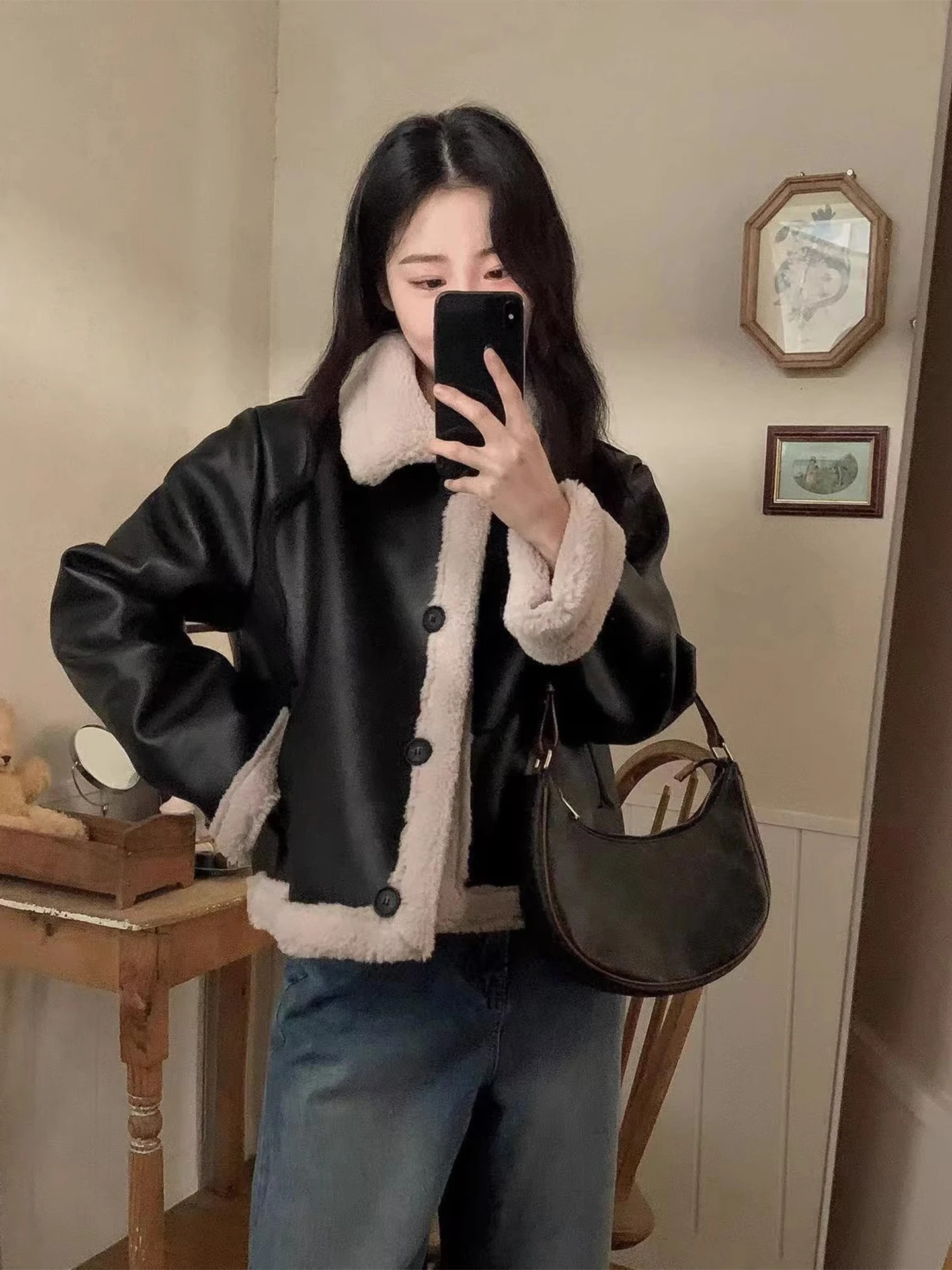 Sli ريترو بولي Leather الجلود Jaet المرأة معطف الفراء اصطف سترة راكب الدراجة الشتاء جديد صغير الحجم Jaet معطف جلد Faionable