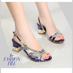 Summer Women Shoes Fish Mouth Diamond Elegant Thick High Heels Sandals Medium Heel Fashion Leisure Rhinestone Party Sandals