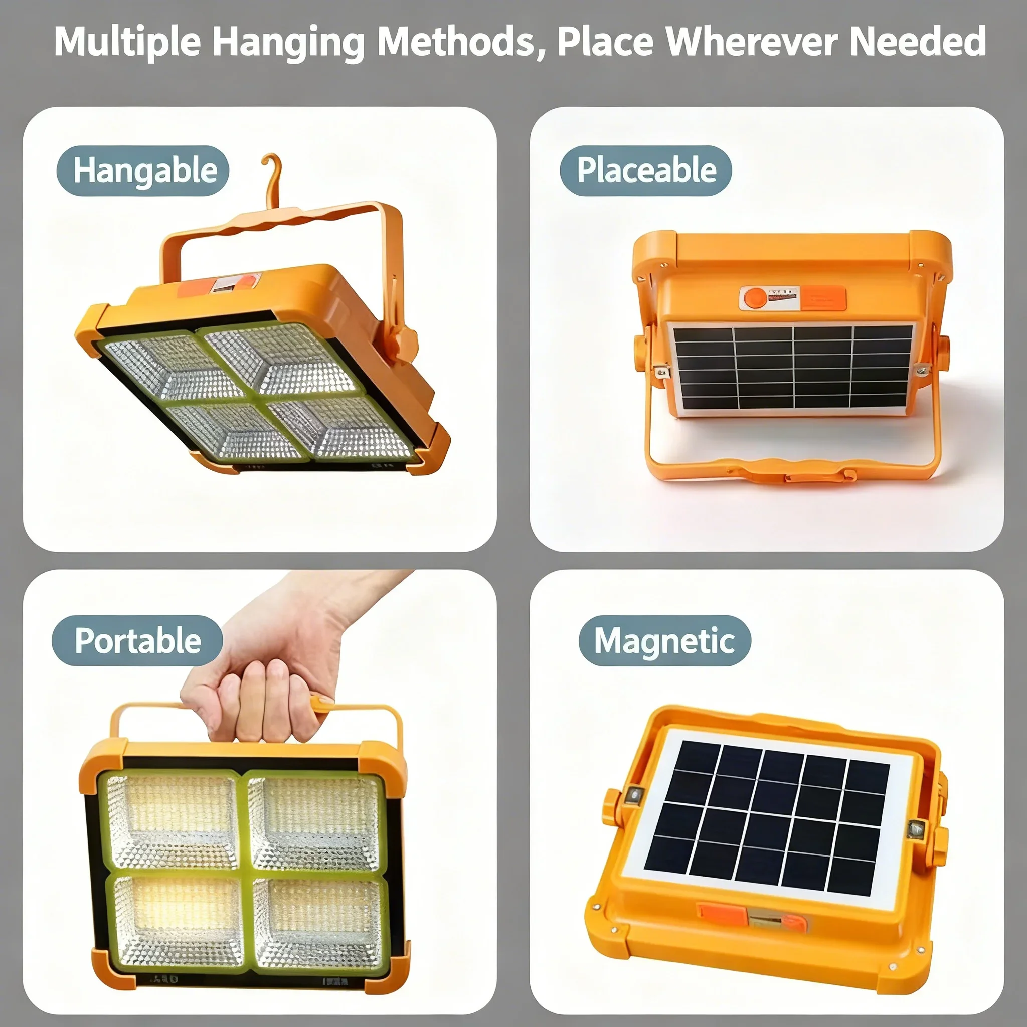 Reflektor solarny o wysokiej jasności, ładowanie przez USB-C, 4 regulowane tryby świecenia, funkcja awaryjnego powerbanku