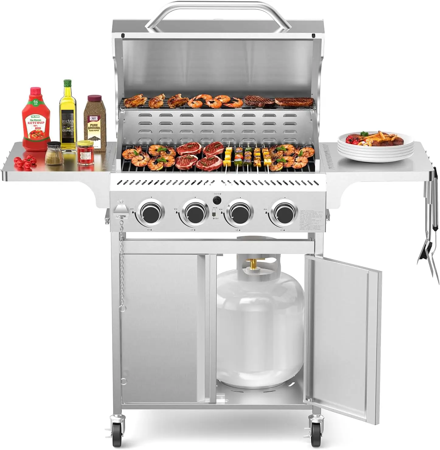 

4-Burner Propane Gas Grill with 304 Stainless Steel Cooking Grid, Hanging Hooks/Heat-Resistant Handle, 32000BTU Stainless Steel